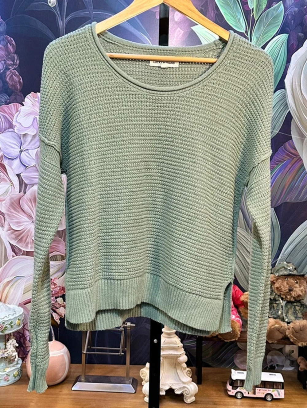 Lucky Brand S Textured Knit Sweater Sage Green Boho Casual Coastal Cottagecore
